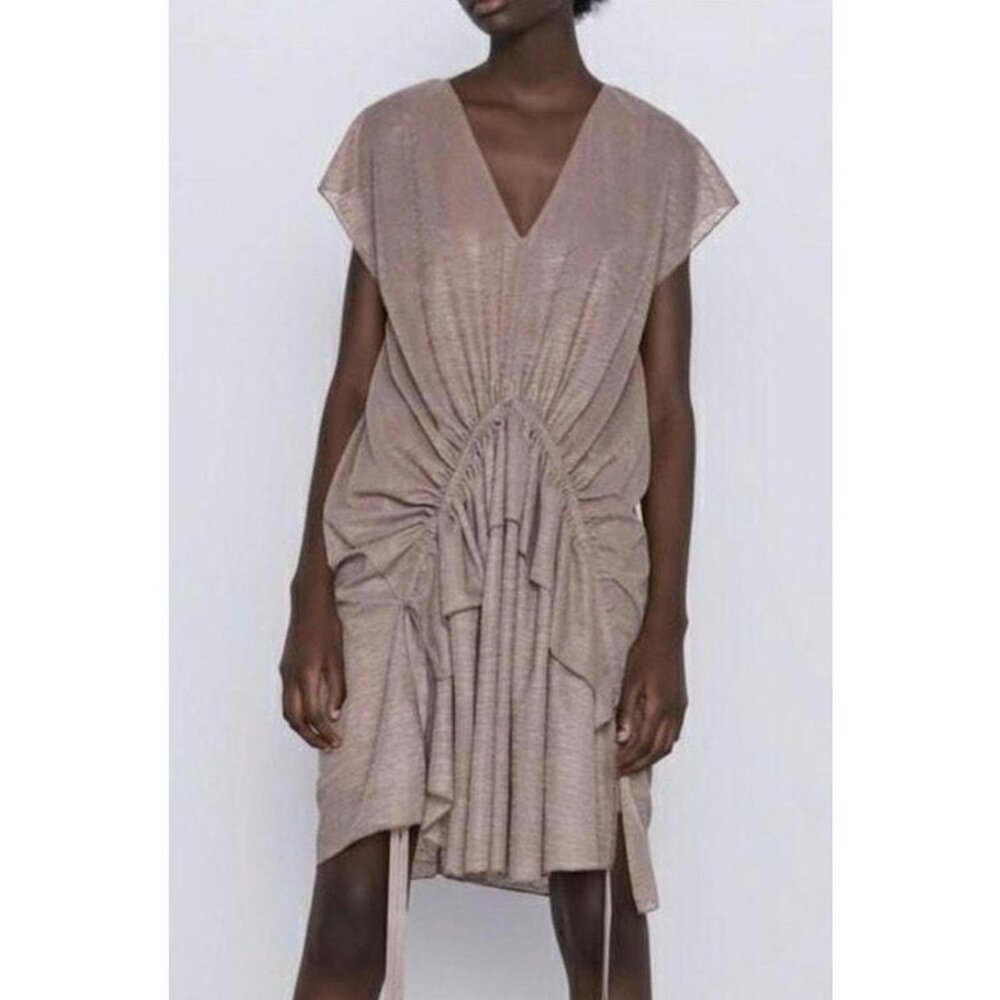 ZARA Women's Taupe Brown Knit Adjustable Ruched Lined Midi Dress Size Medium M